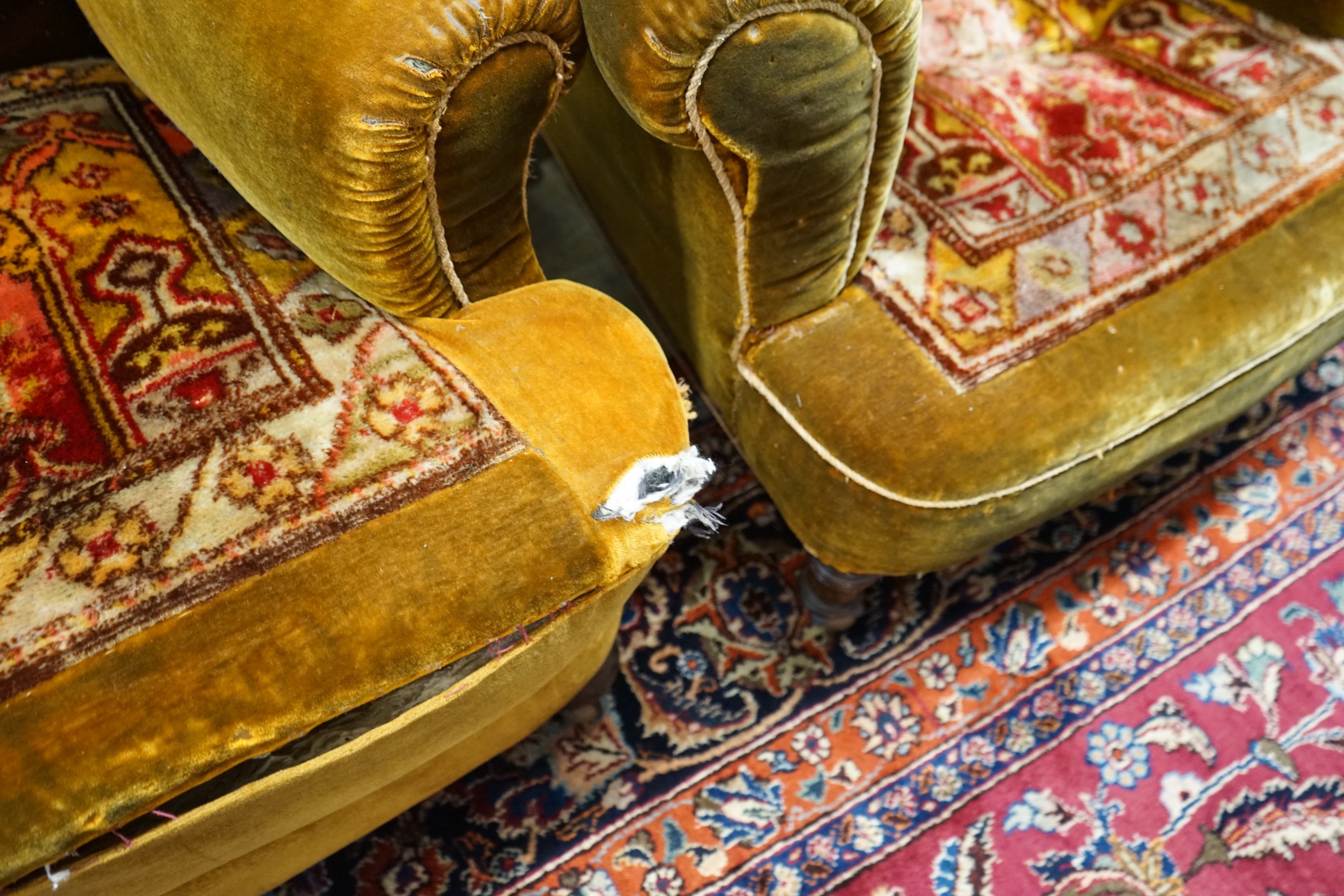 A pair of Victorian armchairs with carpet upholstery, width 90cm, depth 96cm, height 94cm